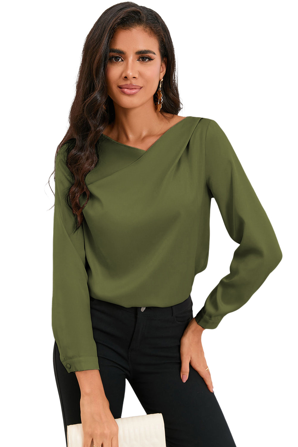 Solid Asymmetric V Neck Long Sleeve Satin Blouse