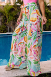 Tropical Leafy Print Belted Wide Leg Pants