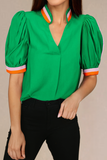 Carrot Colorful Trim V Neck Short Sleeve Blouse
