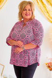 Rose Plus Size Paisley Print V Neck Roll Tab Sleeve Blouse