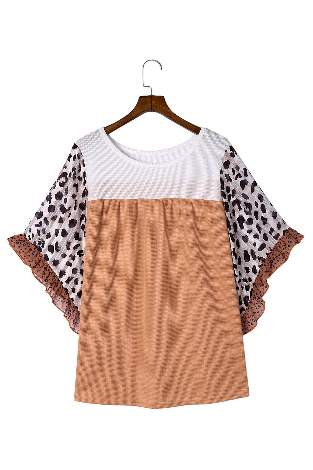 Black Waffle Knit Animal Print Ruffle Sleeves Plus Size Top