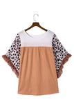 Waffle Knit Animal Print Ruffle Sleeves Plus Size Top