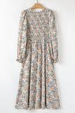 Khaki Maple Grove Floral Smocked Puff Sleeve Long Dress