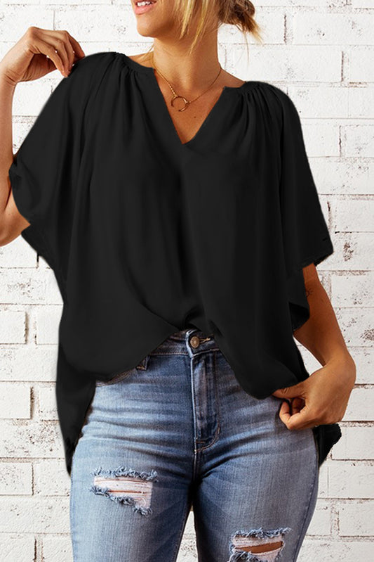 Split Neck Pleated Loose Top