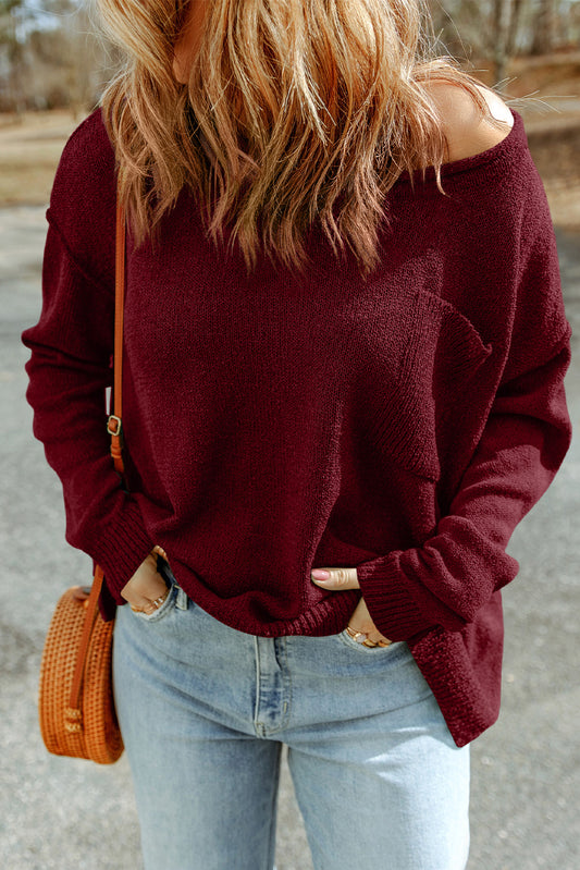 Solid Color Off Shoulder Rib Knit Sweater with Pocket