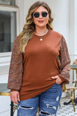 Plus Size Printed Splicing Sleeve Ribbed Trim Sweater