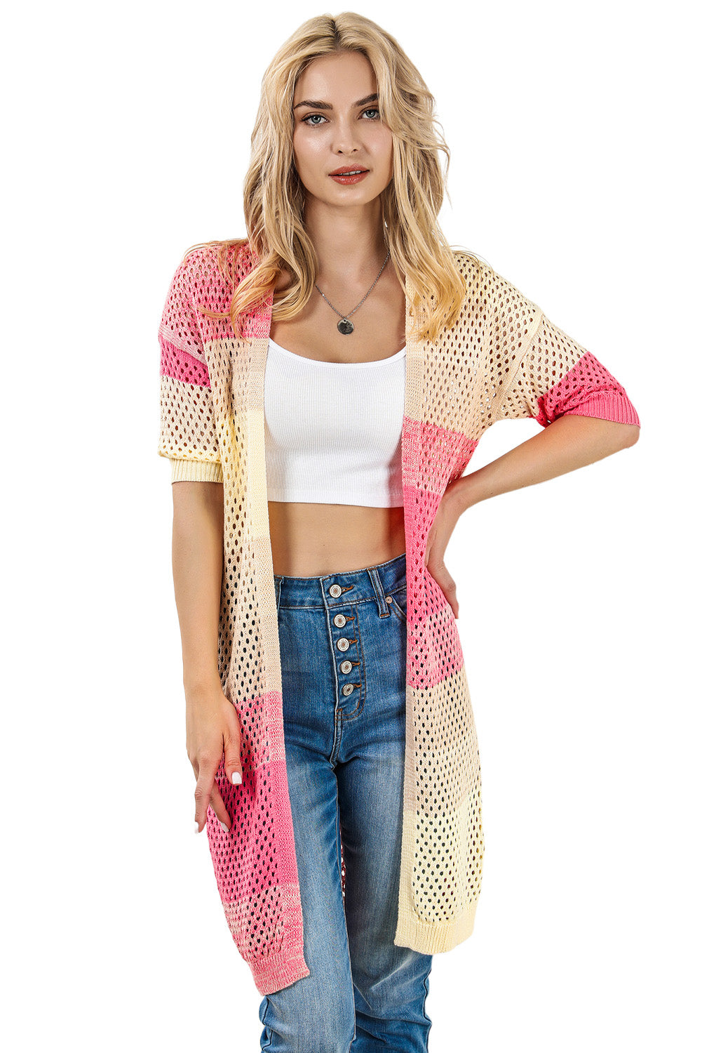 Ribbed Short Sleeve Ombre Eyelet Knitted Cardigan