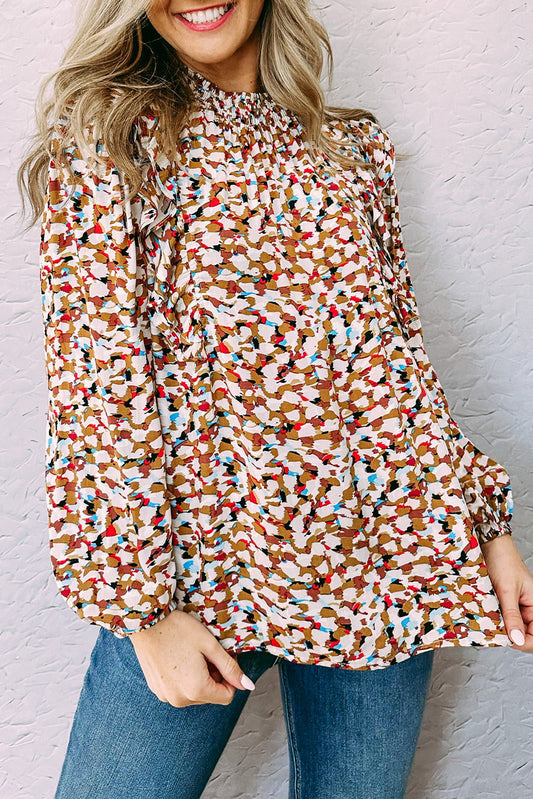 Abstract Print Bubble Sleeves Loose Blouse