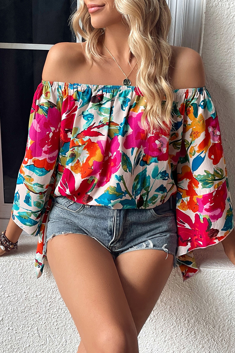 Floral Print Off Shoulder Wide Sleeve Blouse