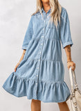 Ruffled Denim Full Buttoned Midi Dress