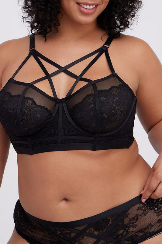 Bralette noire à bretelles croisées en dentelle grande taille