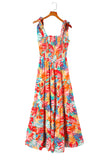 Robe longue multicolore à volants smockés et imprimé tropical vibrant