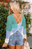 Color Block Eyelet Long Sleeve Twisted Back Knit Top