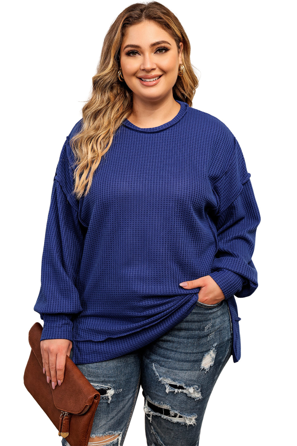 Plus Size Waffle Knit Oversized Exposed Seam Top