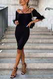 Ribbed Off Shoulder Feather Cuff Bodycon Dress