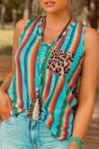 Serape Leopard Patchwork Pocket V Neck Tank Top