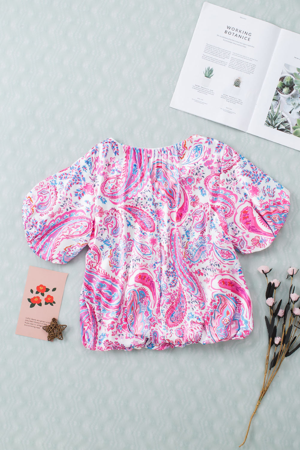 Paisley Pattern Print Puff Sleeve V Neck Blouse