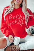 Red Christmas holly jolly Ceramic Rhinestone Letter Graphic Sweatshirt