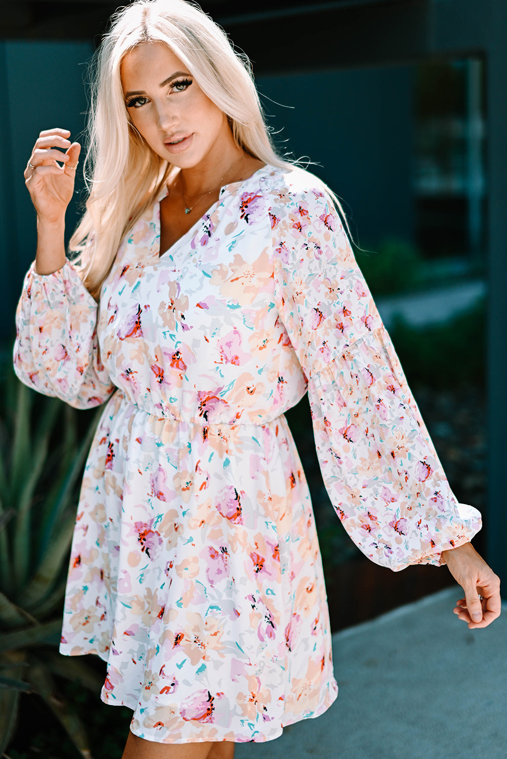 V Neck Bubble Sleeves Floral Dress