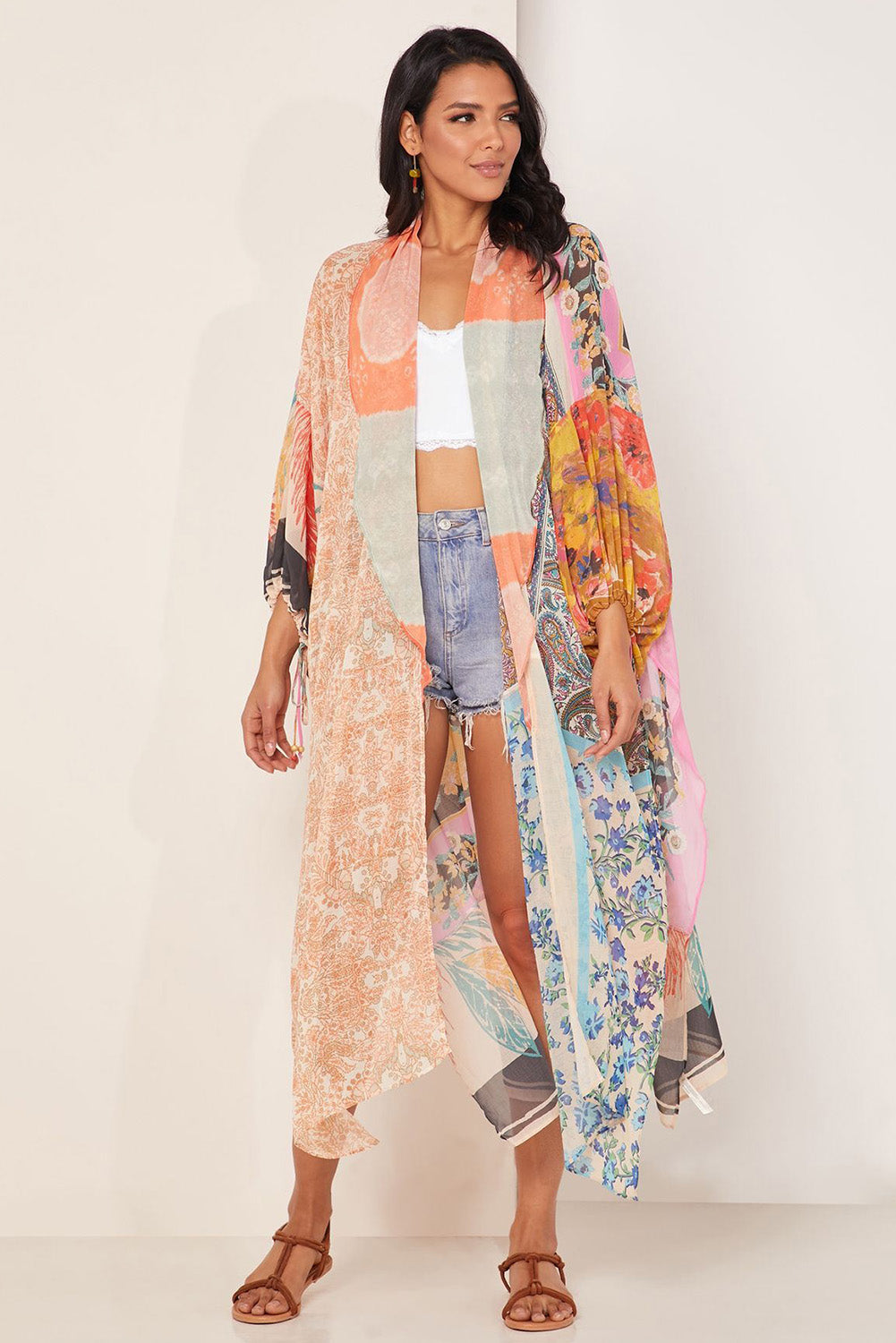 Kimono orange à manches bouffantes et cordon de serrage imprimé patchwork bohème 