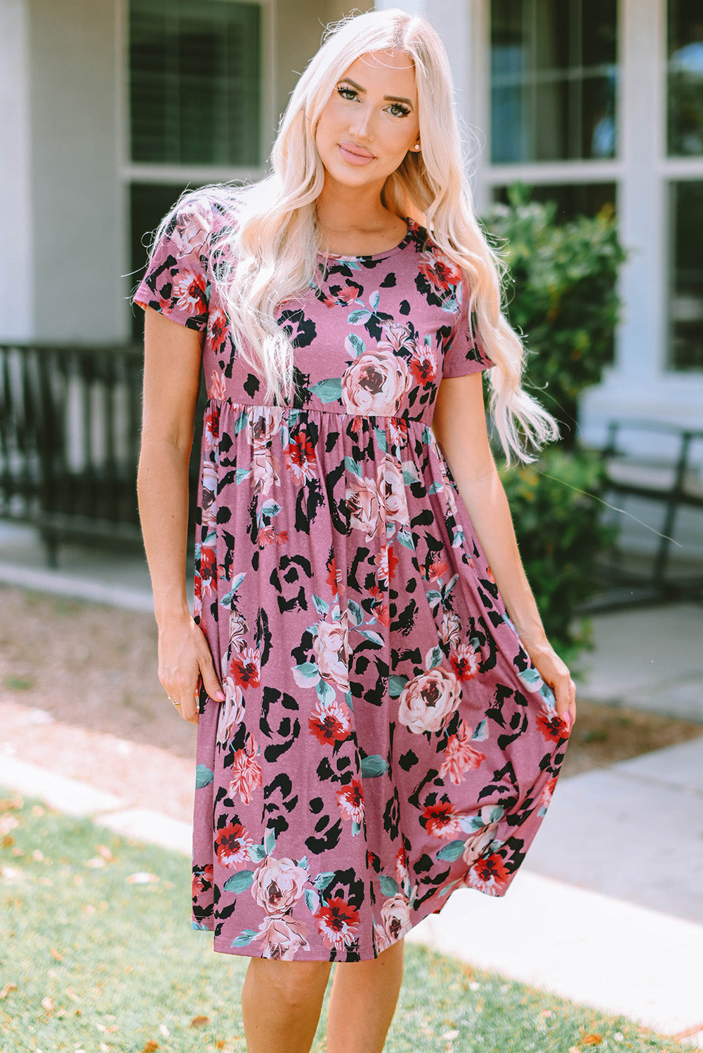 Leopard Print Short Sleeve A-line Dress