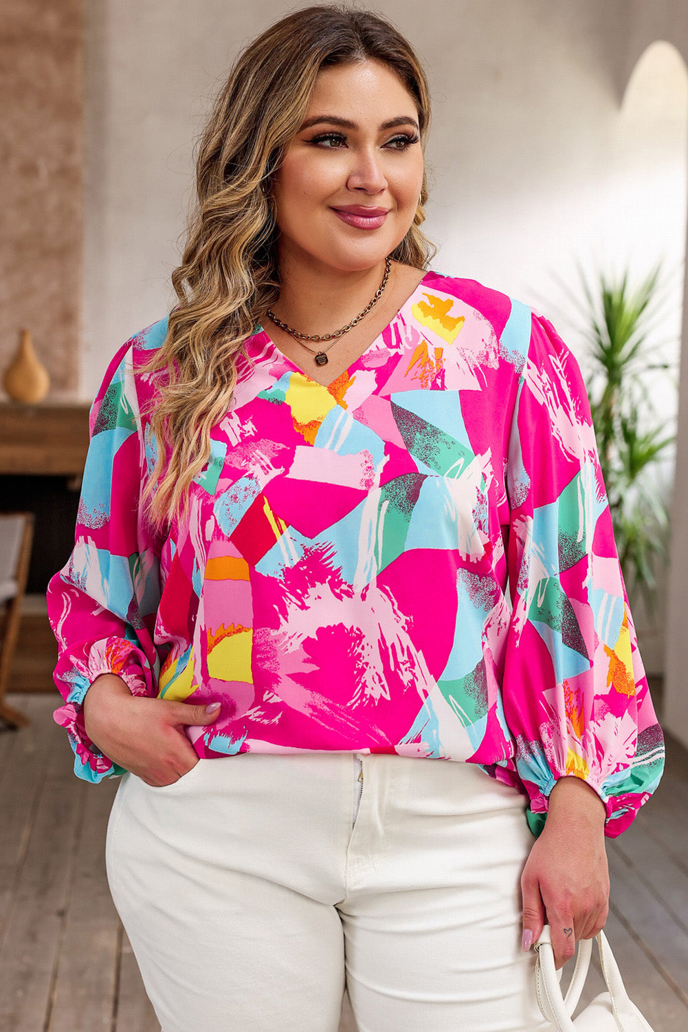 Plus Size Graffiti Print Split Neck Puff Sleeve Blouse