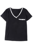 Sequin Trim V Neck Chest Pocket Plus Size Tee