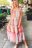 Rainbow Stripe Ruffles Ruched Tiered Dress