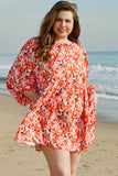 Orange Floral Print Split V Neck Bubble Sleeve Plus Size Midi Dress