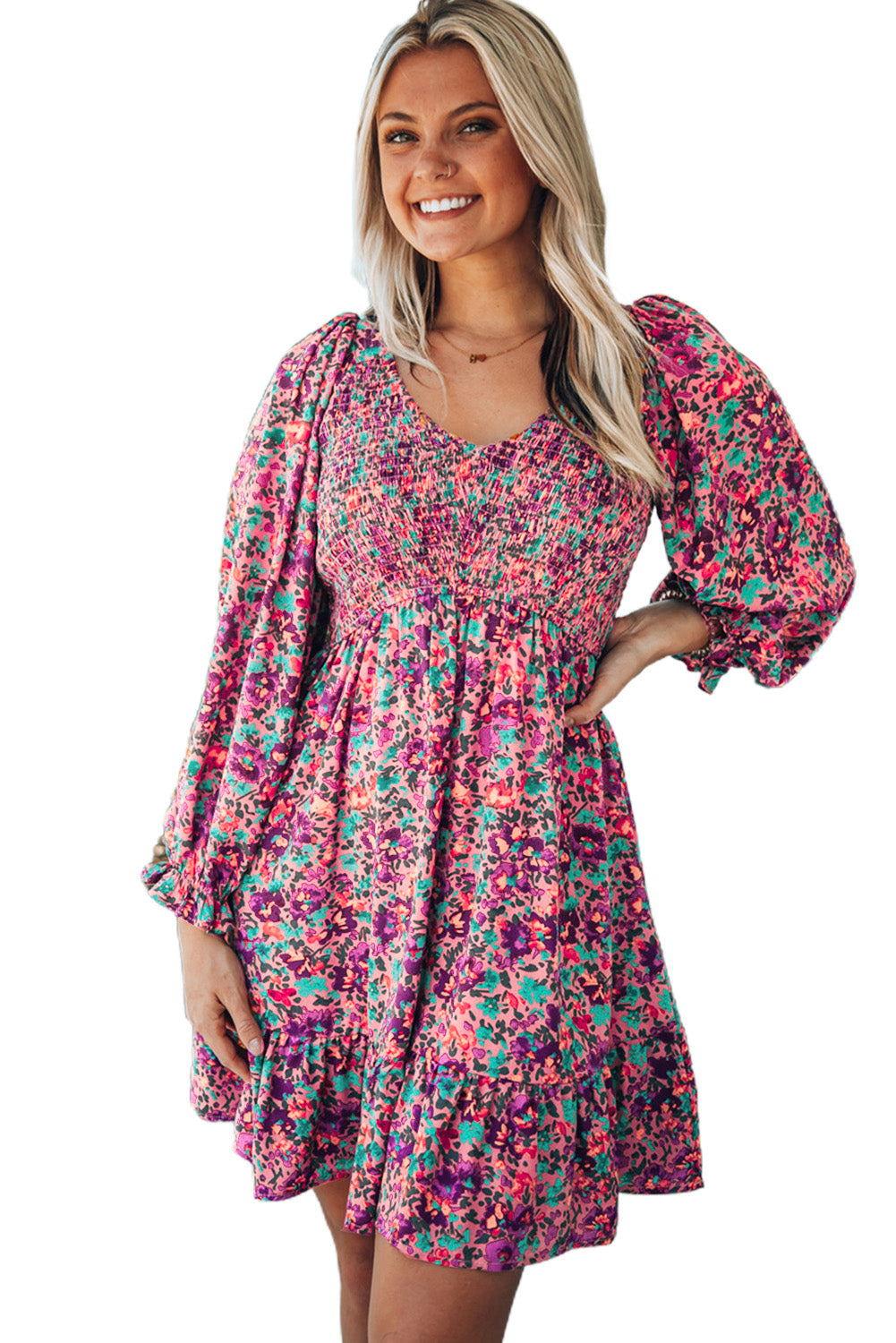 Smocked V Neck Puffy Sleeve Floral Dress