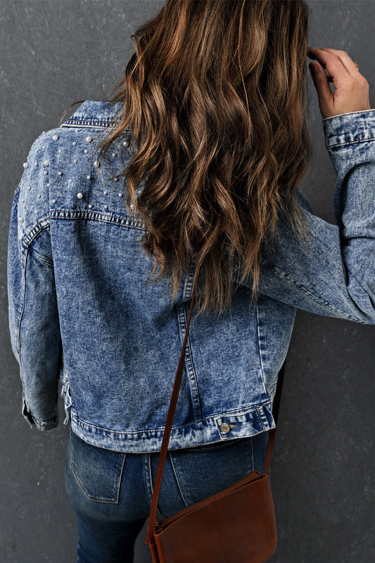 Pearl Turn Down Collar Denim Jacket