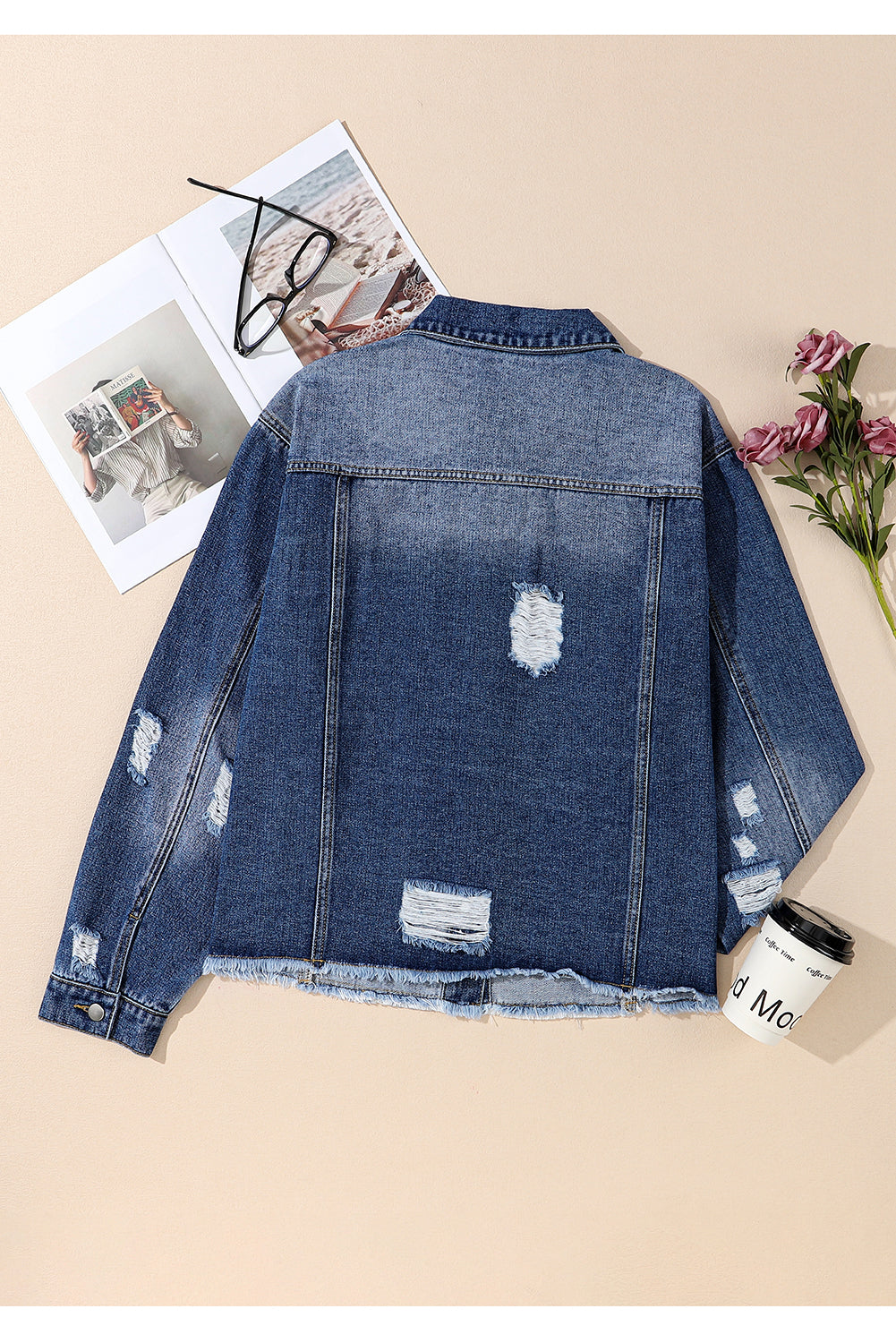 Sky Blue Lapel Distressed Raw Hem Buttons Denim Jacket