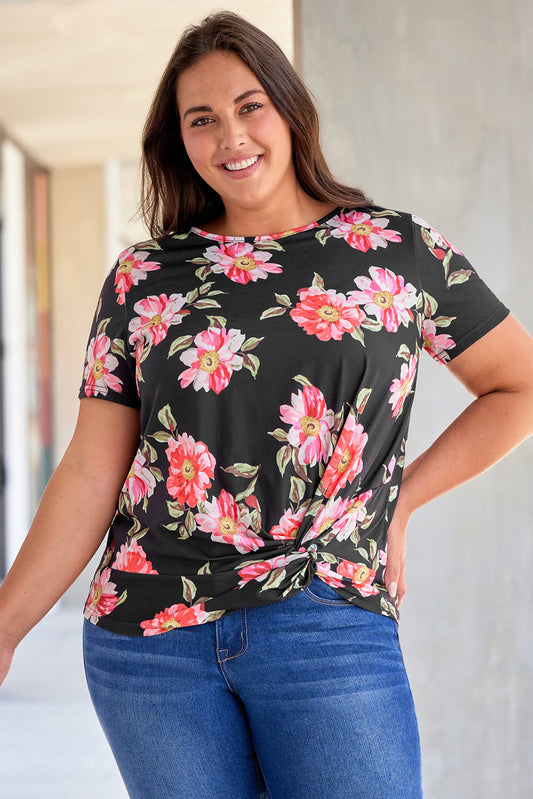 Plus Size Floral Print Twist Knot Top