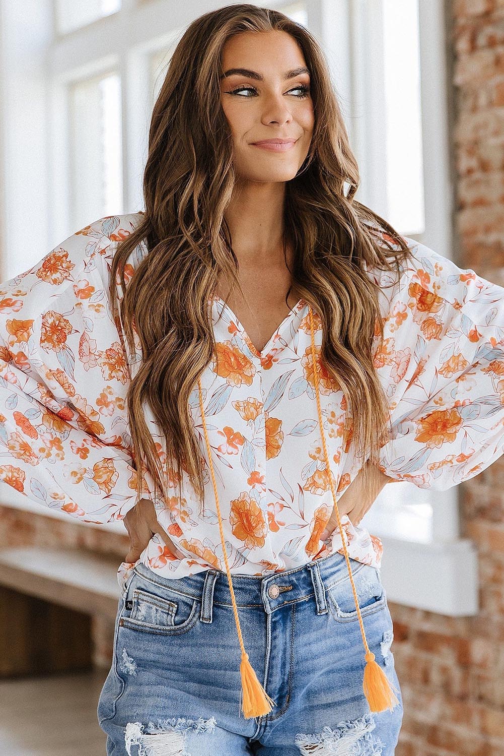 Tassel Tie V Neck Bubble Sleeve Floral Blouse