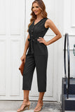 Buttoned Sleeveless Cropped Jumpsuit with Sash