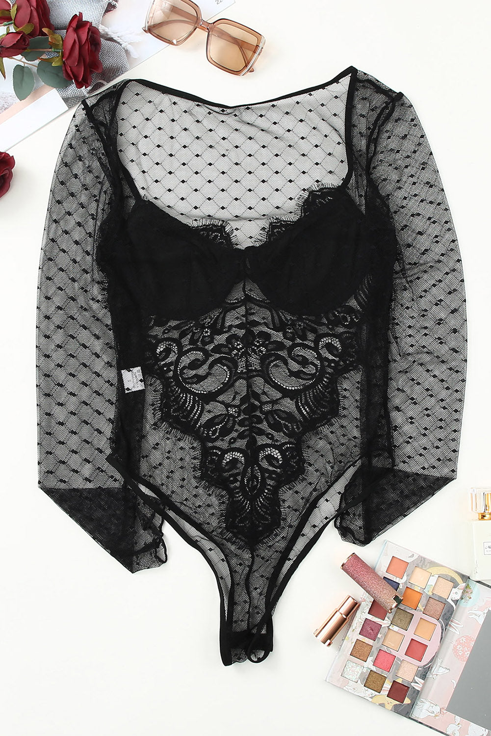 Body bralette noir en dentelle et maille à manches longues 