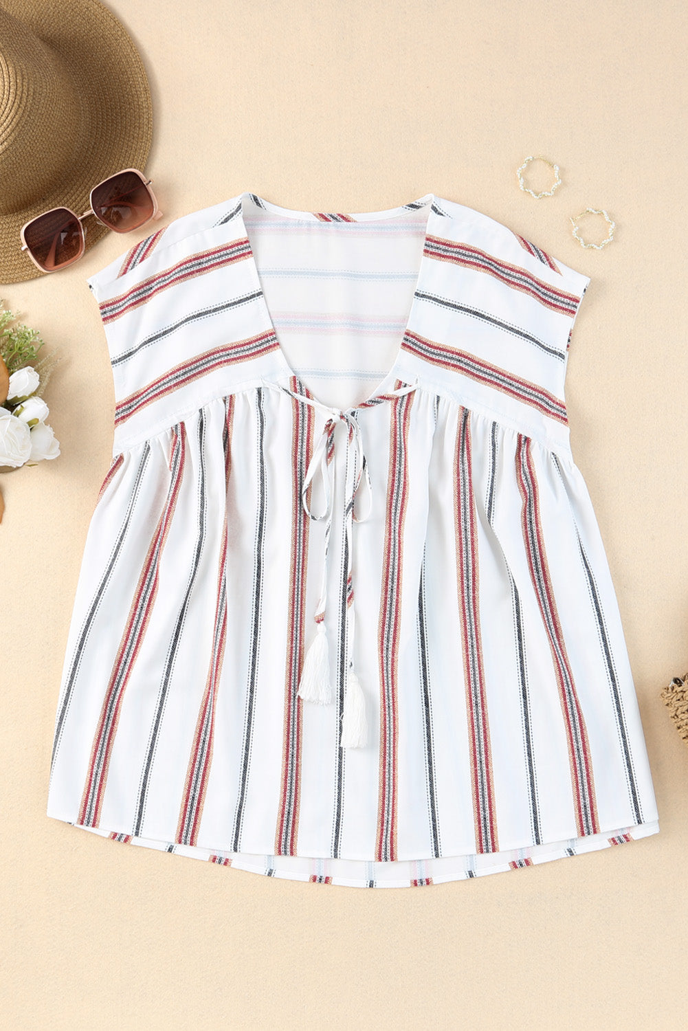 Striped Print Loose V Neck Short Sleeve Top