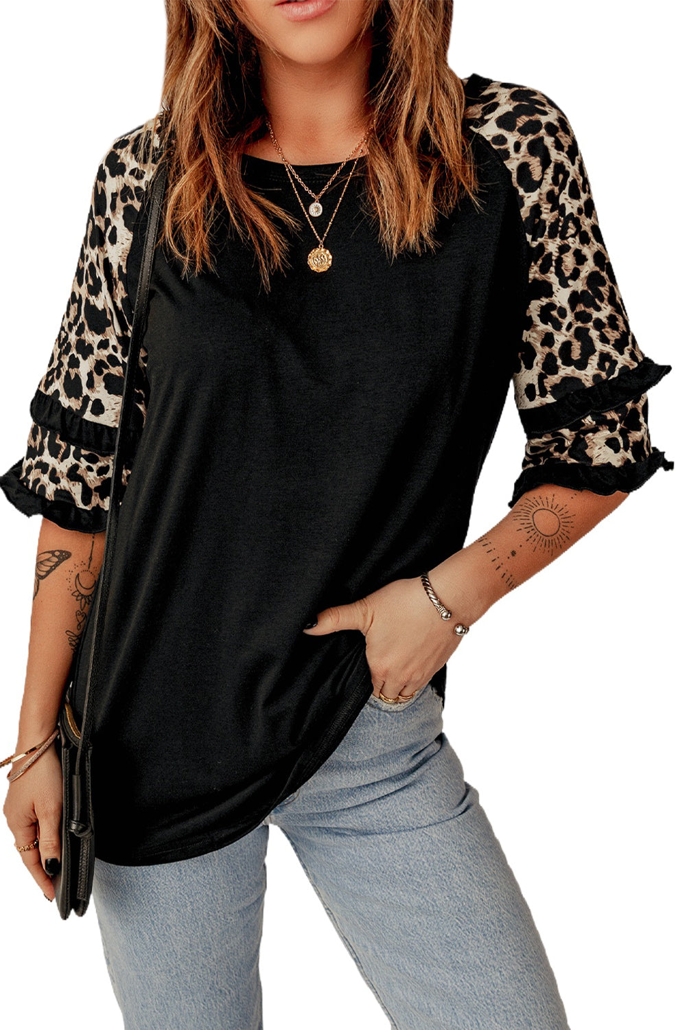 Ruffled Leopard Sleeve Patchwork Top