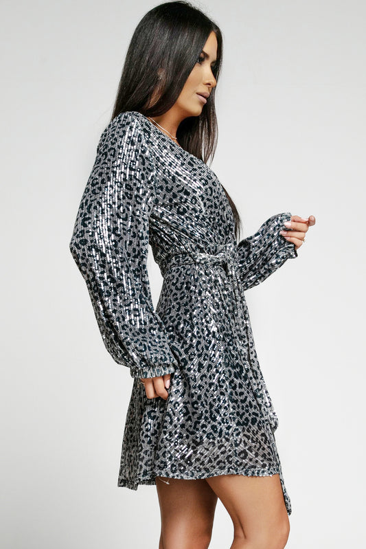 Leopard Sequins V Neck Wrap Dress with Tie