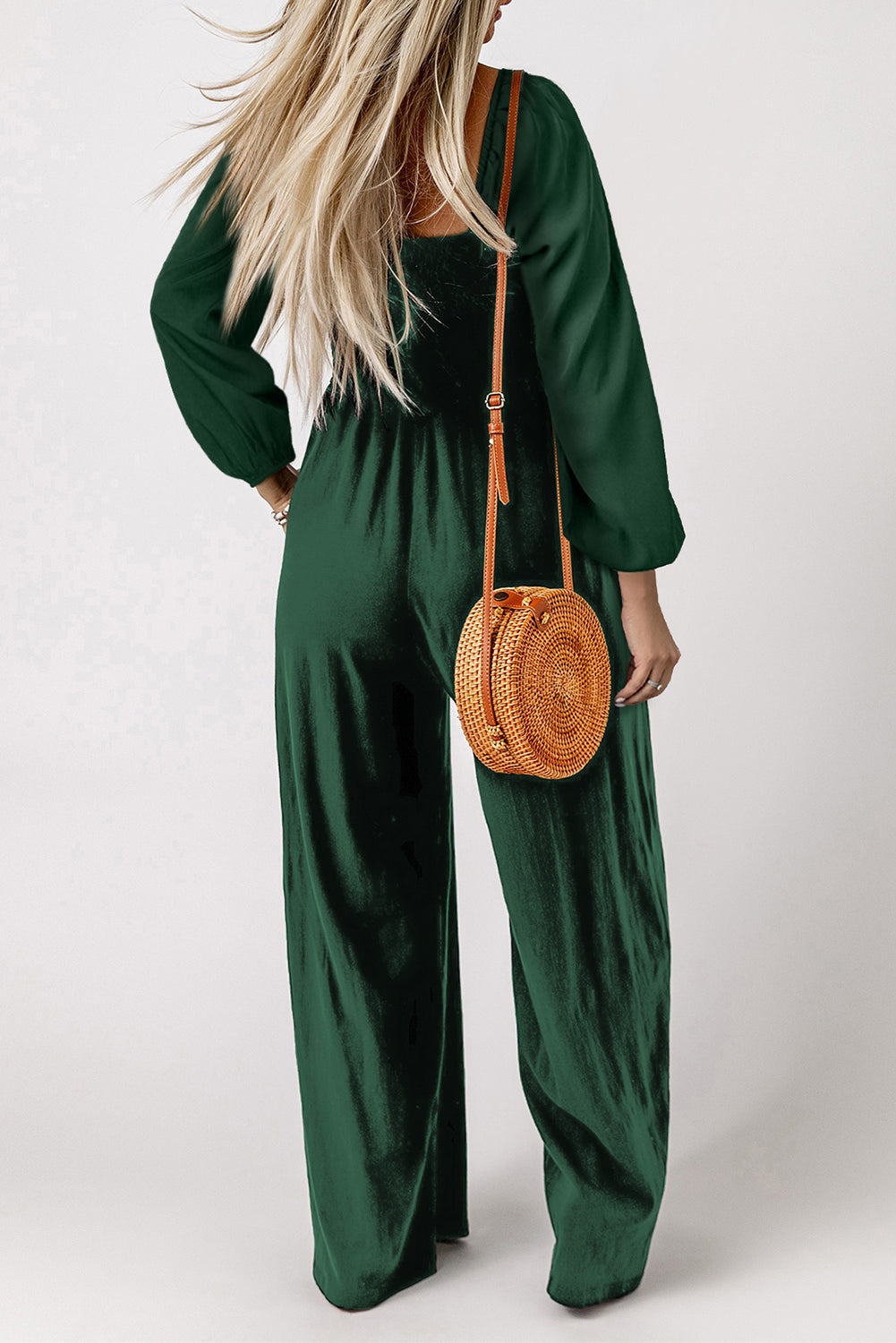 Smocked Square Neck Long Sleeve Wide Leg Jumpsuit