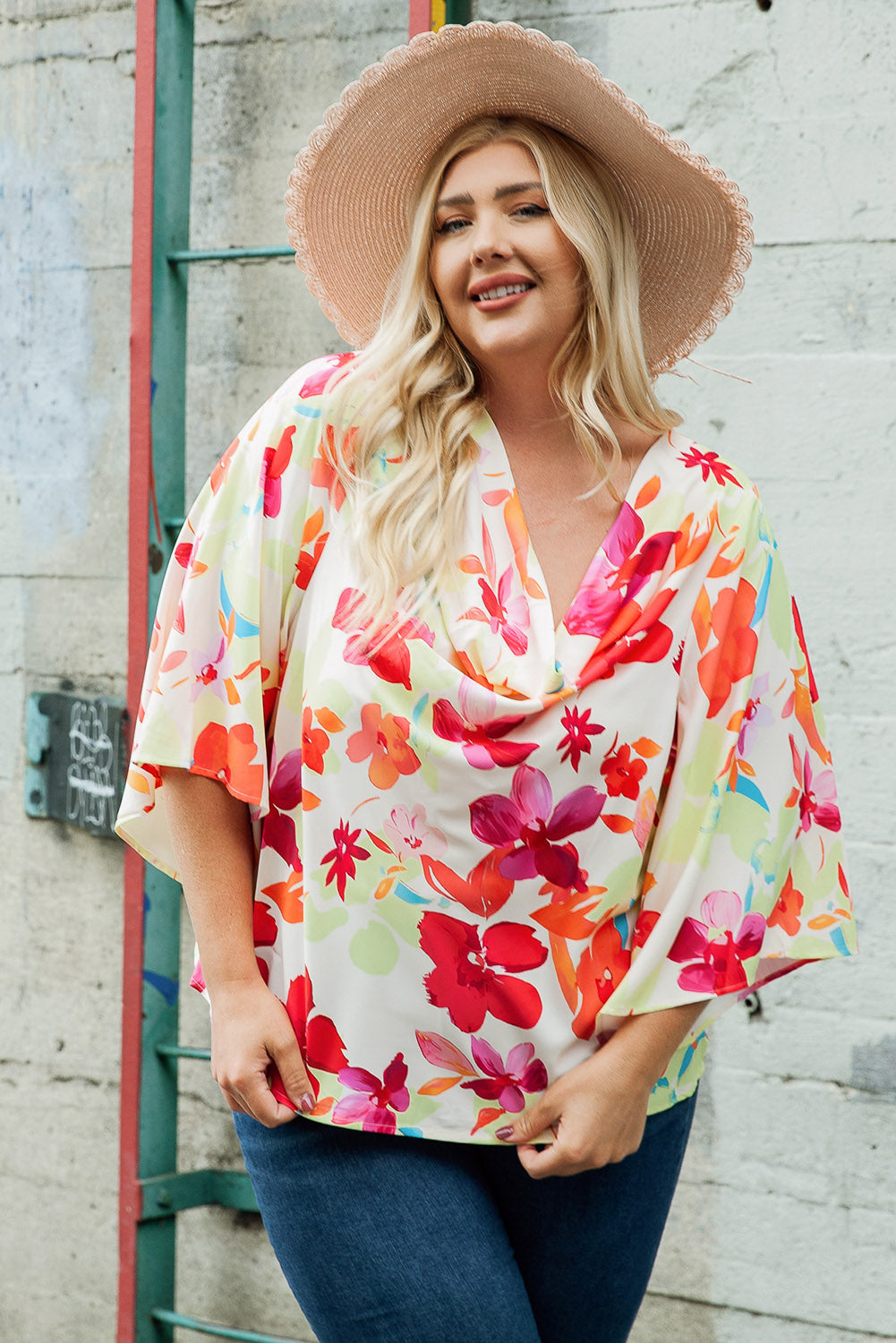 Floral Print Cowl Neck Plus Size Blouse