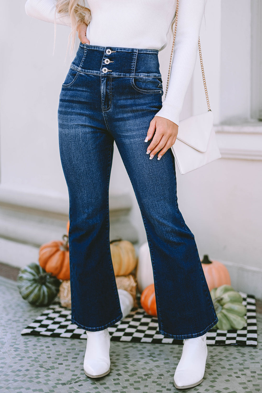 Buttons Elastic Wide Waistband Back Flare Jeans