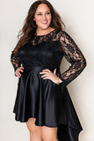 Plus Size Sheer Lace Splice High Low Satin Dress