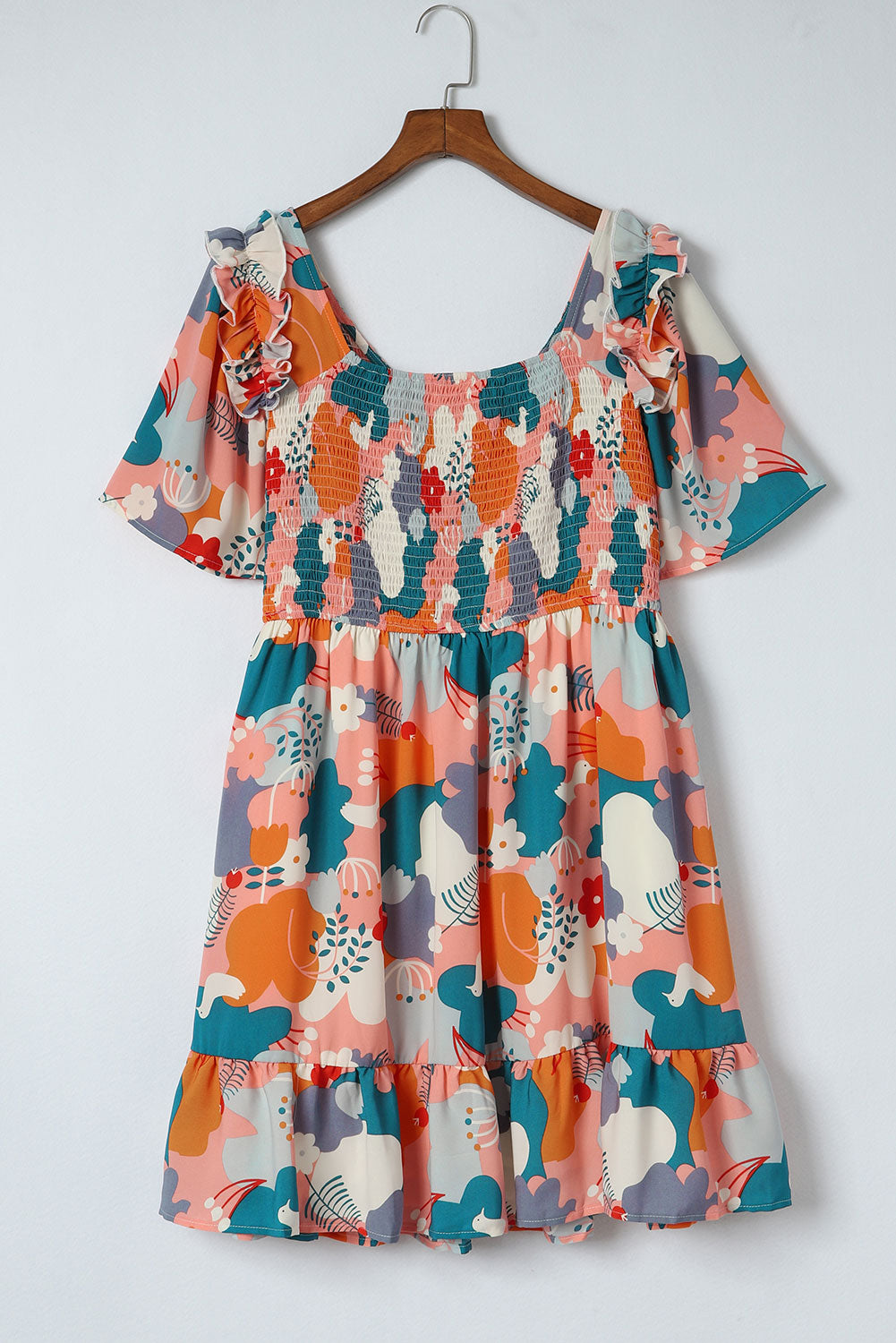 Plus Size Shirred Mixed Print Ruffle Dress