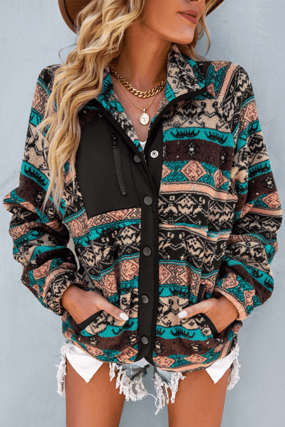 Western Colorblock Snap Buttoned Sherpa Jacket