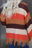 Striped Knit Frayed Hem Cardigan