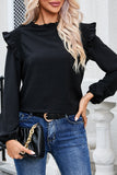 Black Frilled Neck Ruffled Trim Bubble Sleeve Blouse