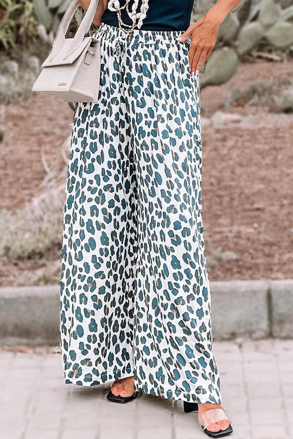 Leopard Print Pocketed Wide Leg Pants