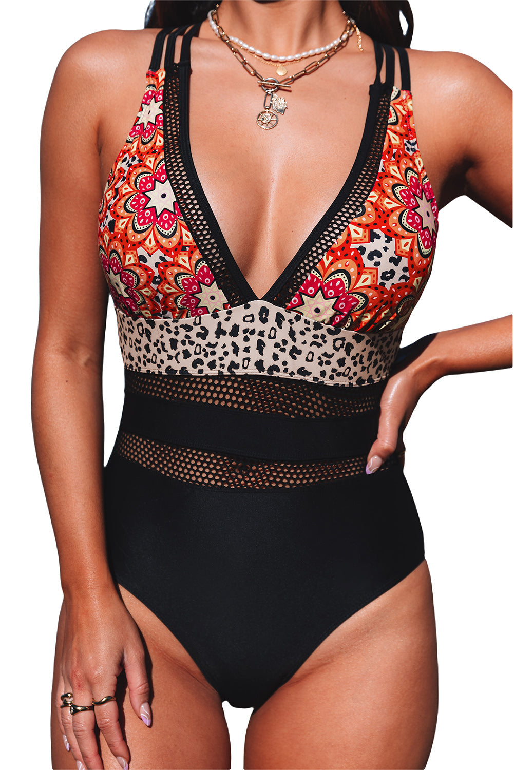 Floral Splicing Leopard Print Color Block Mesh One Piece Swimsuit