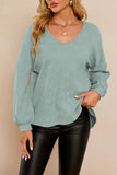 Waffle Knit V Neck Long Sleeve Loose Tunic Top